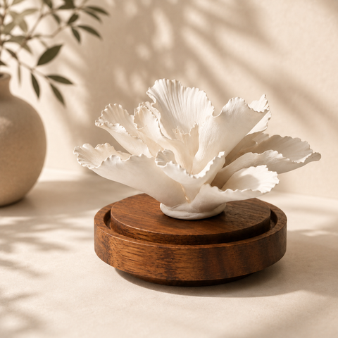 keramische lotusbloem aromadiffuser op houten standaard
