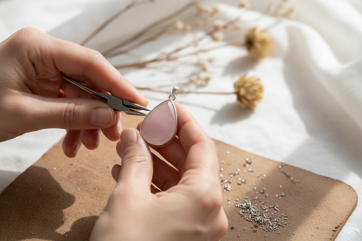 Close-up van handen die rozenkwarts hanger vasthouden met tang voor afwerking