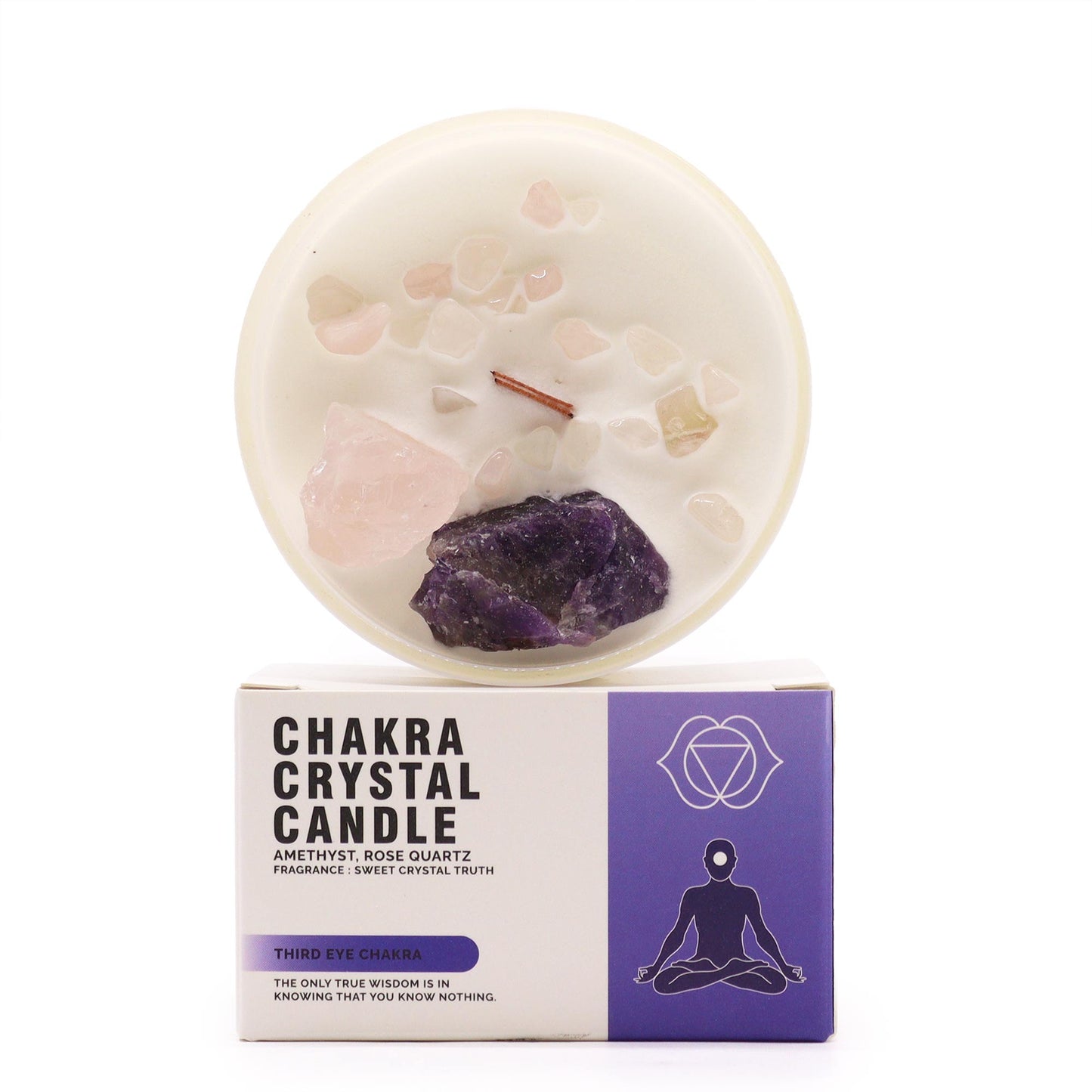 Derde Oog Chakra Kaars met Amethist & Rozenkwarts, staand op verpakking