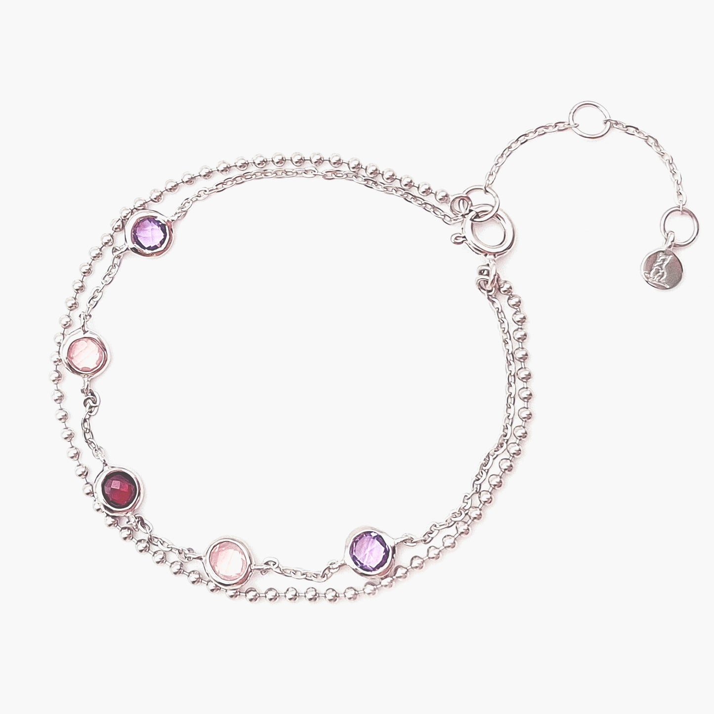 Dubbele zilveren armband Alenya met granaat, rozenkwarts en amethist