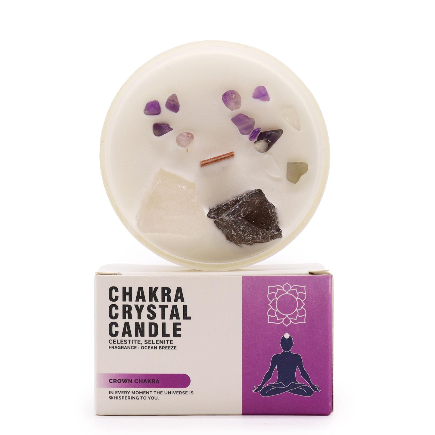 Edelsteenkaars Kruin Chakra met Celestiet & Seleniet, staand op verpakking