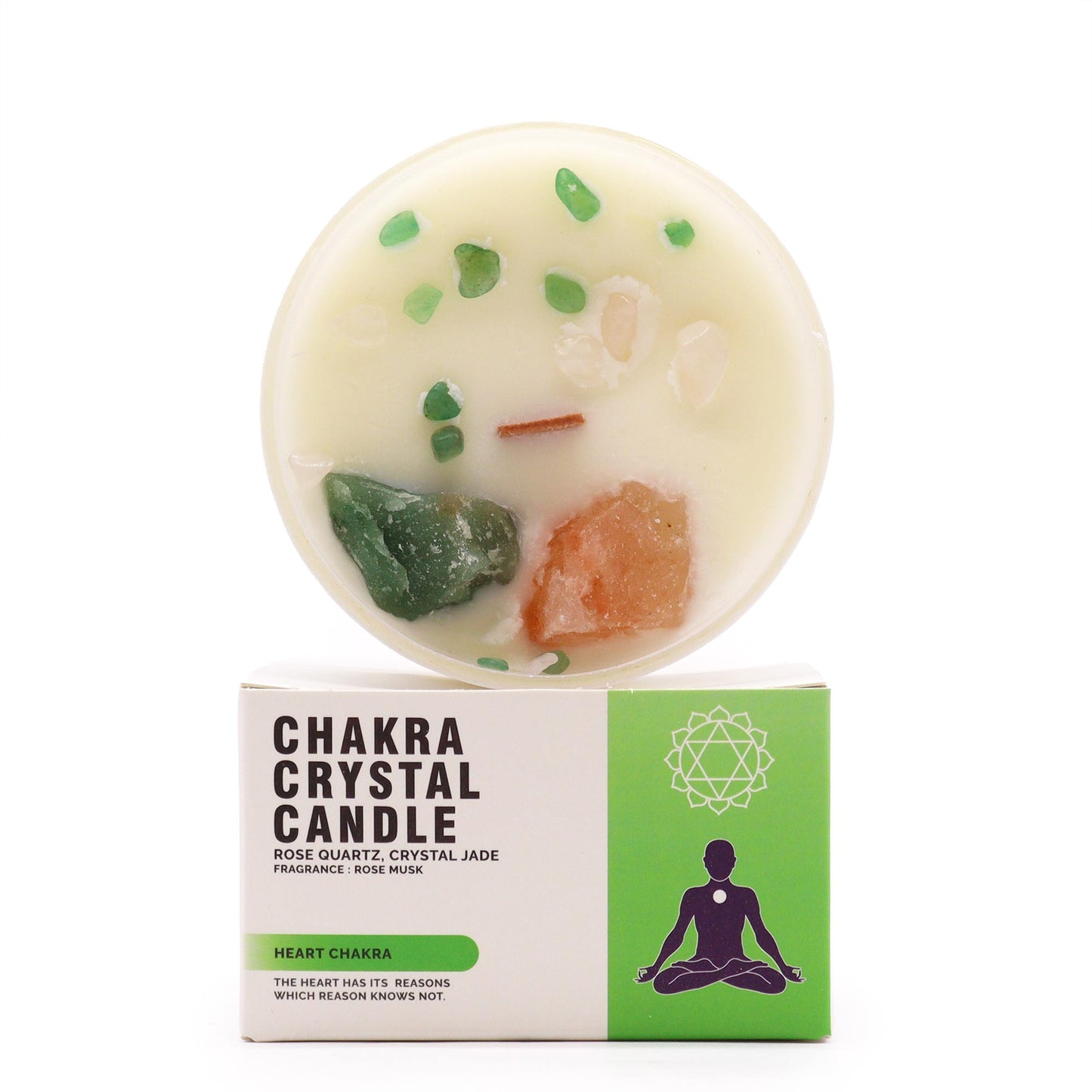 Hart Chakra Kaars met Rozenkwarts & Kristaljade, staand op verpakking