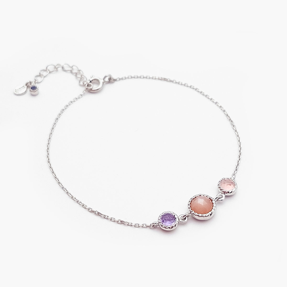 Zilveren armband Isola met roze maansteen, amethist en rozenkwarts
