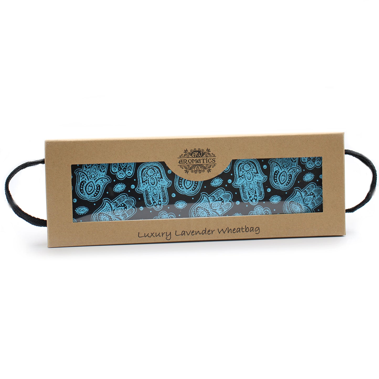 Lavendel tarwezak zwart met blauwe Hamsa-handjes en boze‑oog print, in naturel kartonnen verpakking met venster