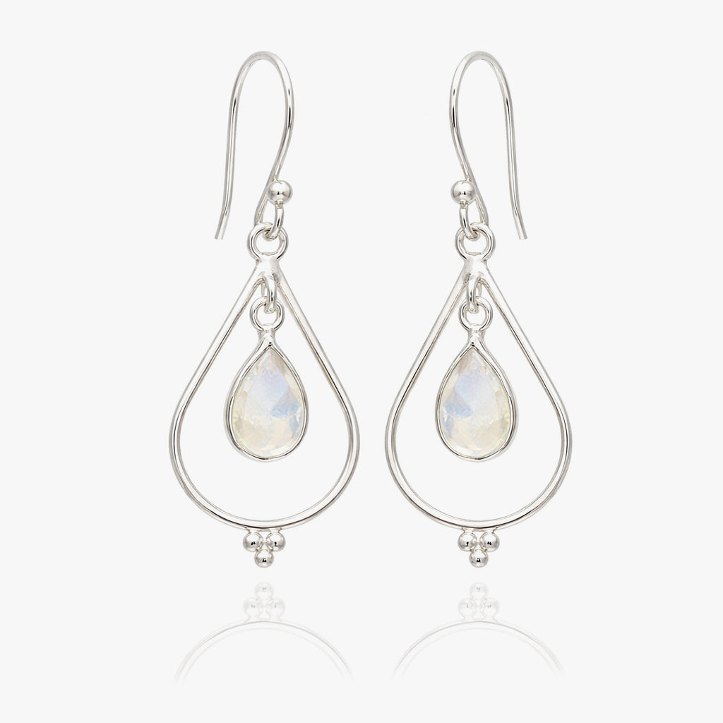 Regenboog maansteen oorbellen Aurélia van 925 sterling zilver met open druppelvorm