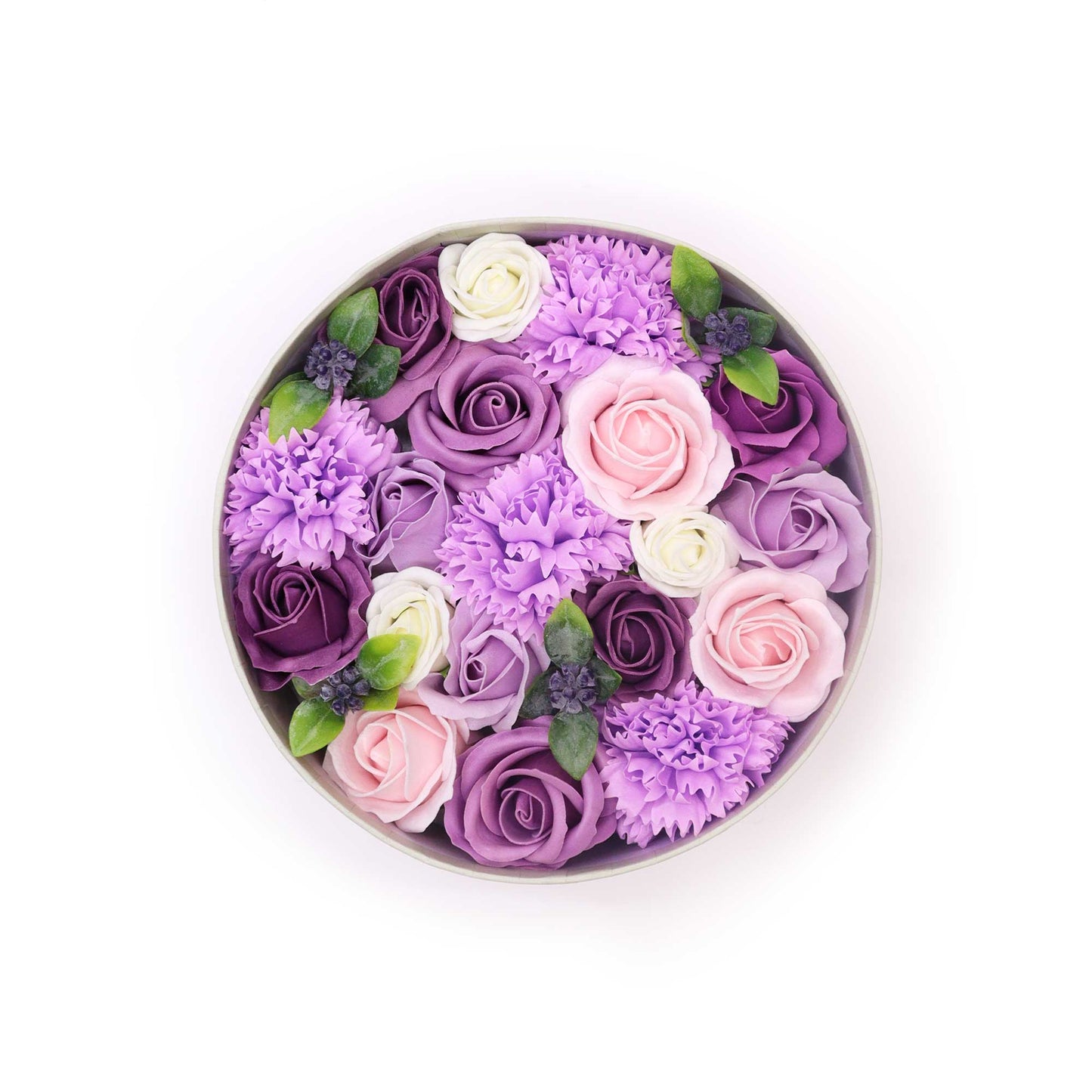 Ronde open doos met paarse zeepbloemen van lavendel, roos en anjer