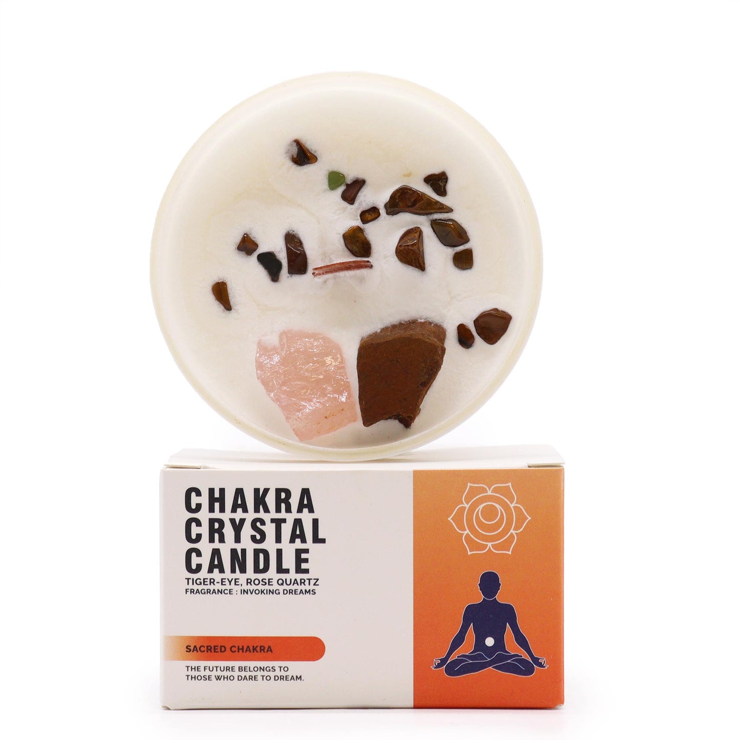 Sacraal Chakra Kaars met Tijgeroog & Rozenkwarts, staand op verpakking