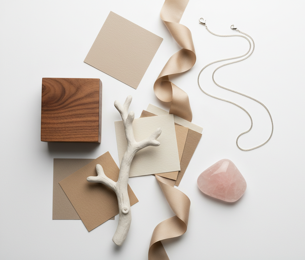 Verzameling materialen zoals zilveren ketting rozenkwarts notenhout kleurtaslane en beige lint