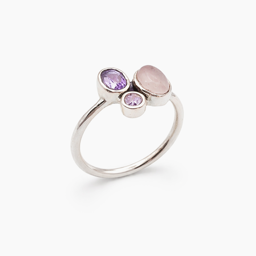 Zilveren ring Salira met rozenkwarts, amethist en zirkonia